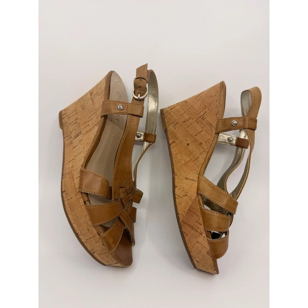 Guess WGKayce Womens Tan Brown Cork Platform Wedge Strappy Sandals Size 7M